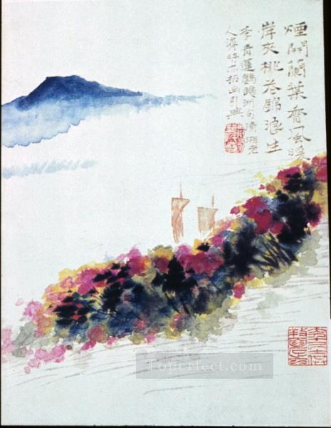 Orilla del río Shitao de flores de durazno tinta china antigua Pintura al óleo